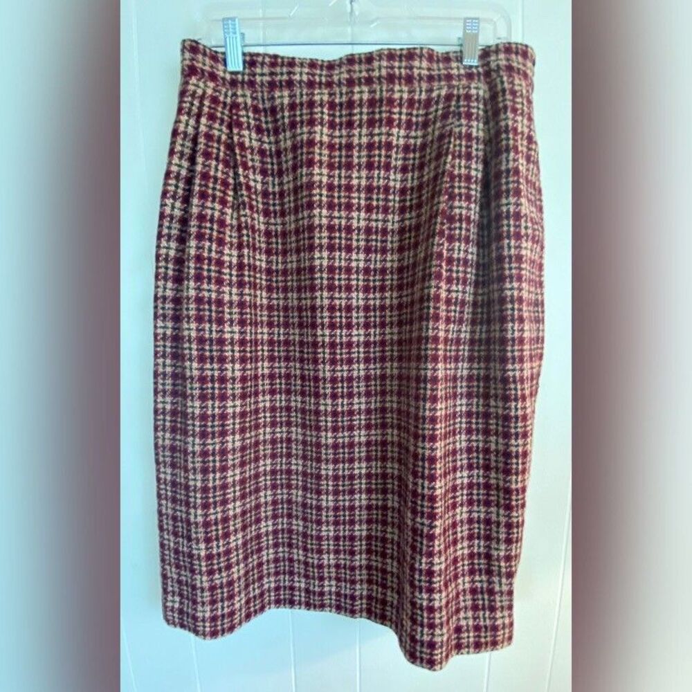 Leslie Fay Skirt Women’s Large Red Blue Beige Plaid Wool Blend Midi Academia